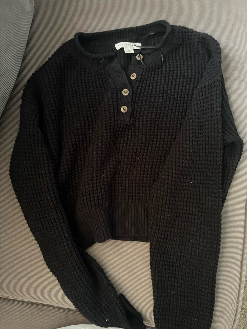 Aeropostale Women’s Black Crew Neck Waffle Knit Sweater